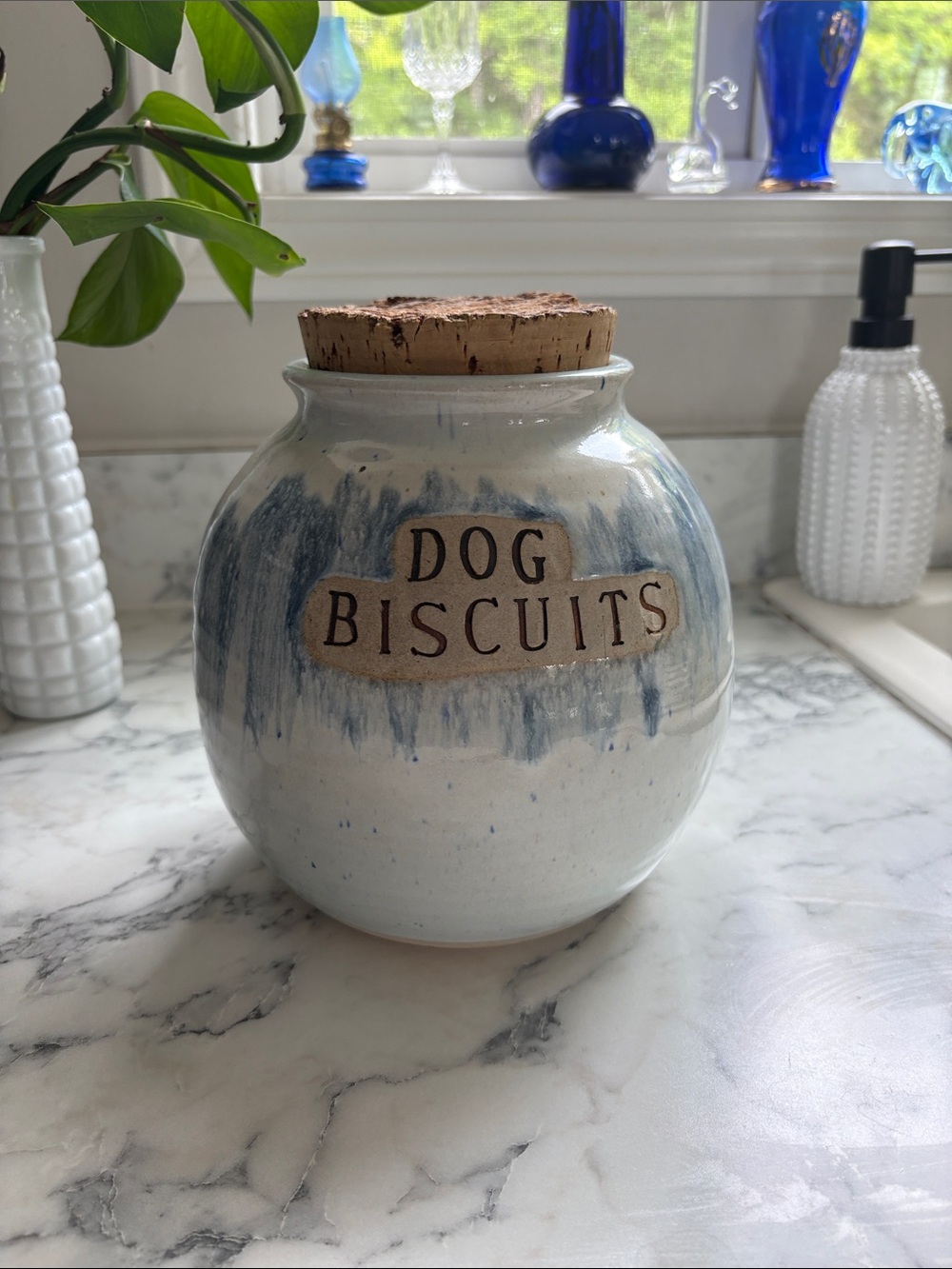 Vintage NC Pottery 'Dog Biscuits' Biscuit Jar with Cork Lid - Blue & Cream 1997